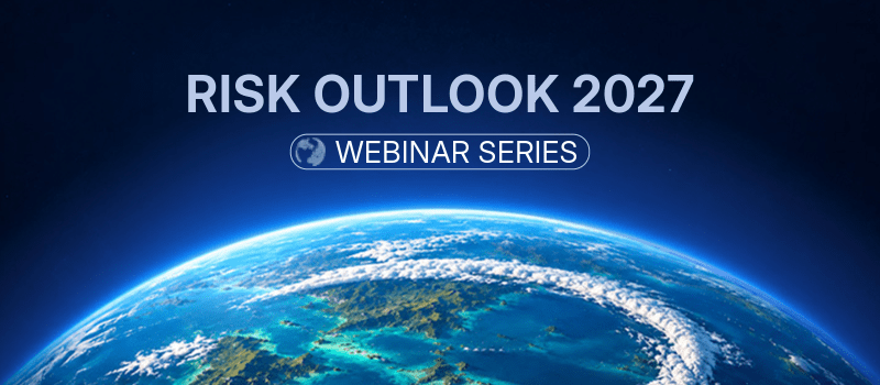 Risk Outlook 2027 cover image, Earth seen from space featuring the International SOS brand swoosh